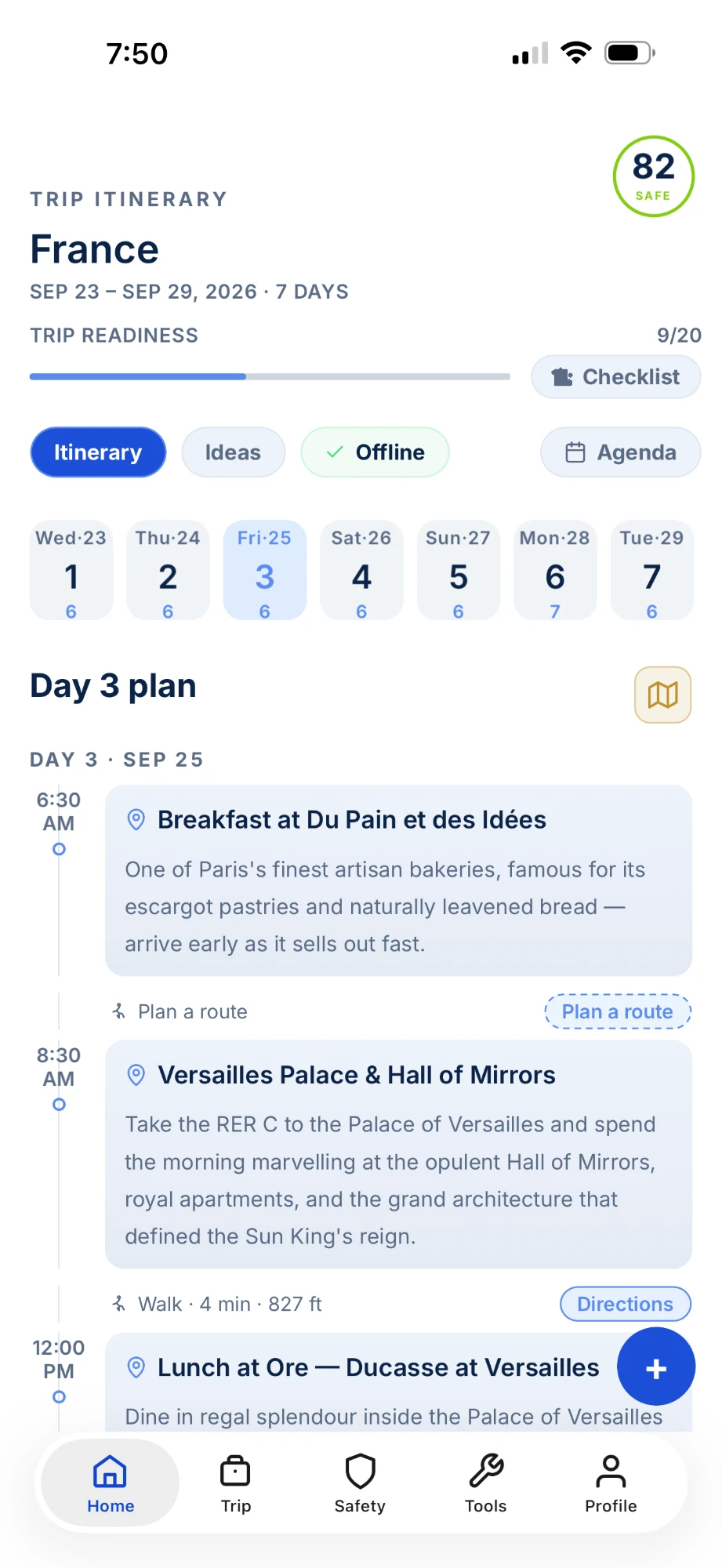 WeiiGo app preview — a France trip itinerary